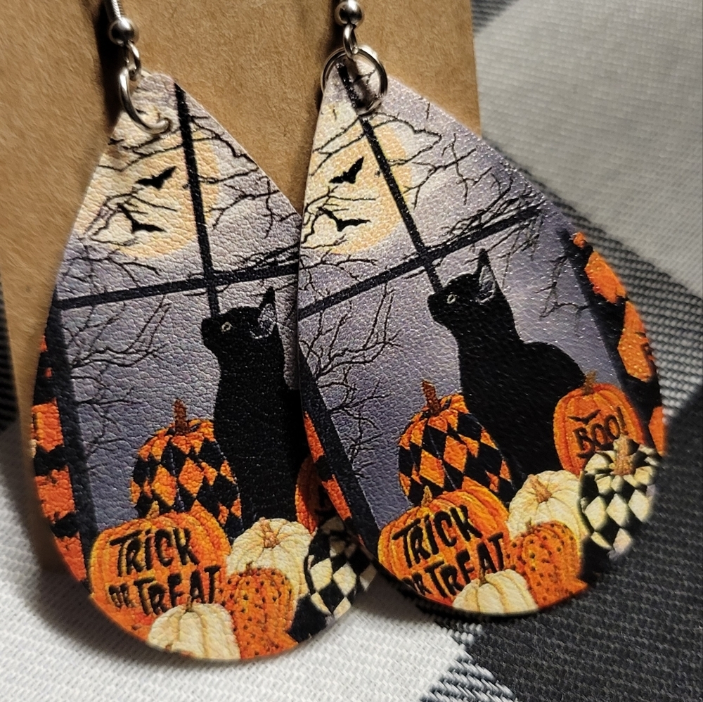 Halloween, cat, pumpkin, double sided faux leather earrings boo, trick or treat